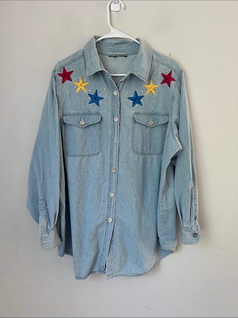 Vintage 90s Western Star Patch Denim Button Down Sz L/XL 🟨